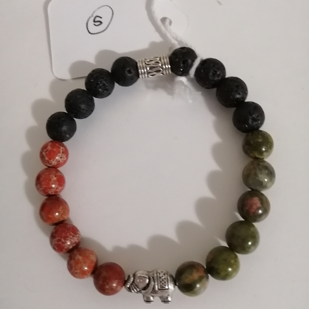 Lava Bead Black and Jasper Small Elephant Charm Bracelet